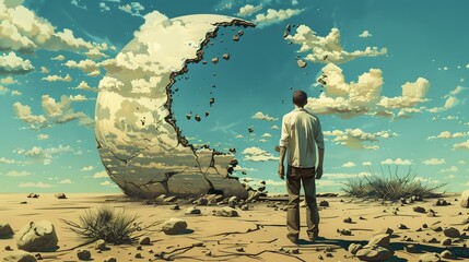 Lone Traveler in Fractured Lunar Landscape   Surreal Sci Fi Desert Concept