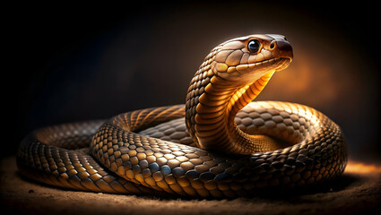 Fototapeta premium A sleek, coiled snake with intricate scales, illuminated by a warm glow, showcasing its majestic presence and striking features.