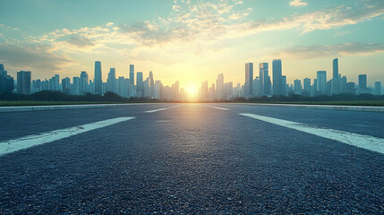 Obraz premium Asphalt Road Leading to City Skyline at Sunset - Background Image