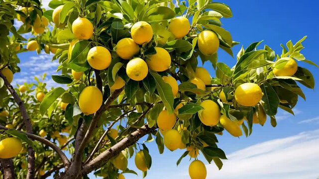 A lemon tree branch with ripe yellow lemons on a sunny day against blue sky in the background. Bottom up view.