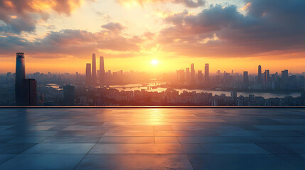 Cityscape Sunset Background -  Aerial View of City Skyline with Empty Rooftop