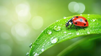 Naklejka premium Vibrant Green Leaf with Sparkling Water Drops and Ladybug