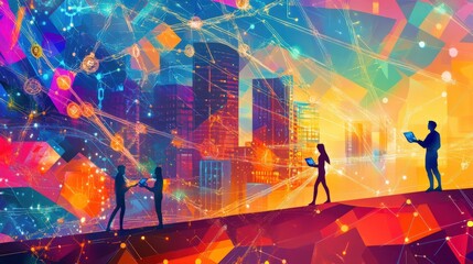 Fototapeta premium Silhouettes using technology in a colorful city.