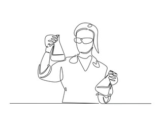Continuous one line drawing of scientist holds flashk in labs. Editable vector.