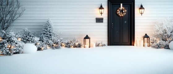 Cozy winter entrance with snow-covered yard and festive decorations.