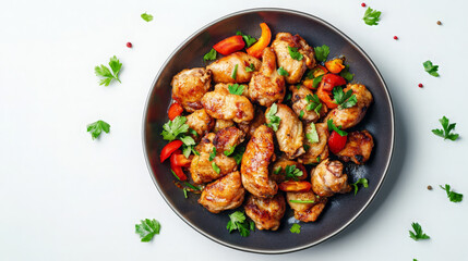 Fototapeta premium A plate of flavorful chicken wings garnished with herbs and peppers.