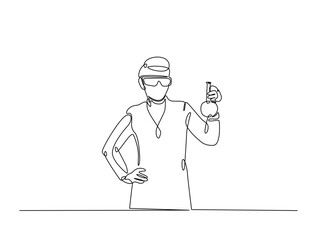 Continuous one line drawing of scientist holds flashk in labs. Editable vector.