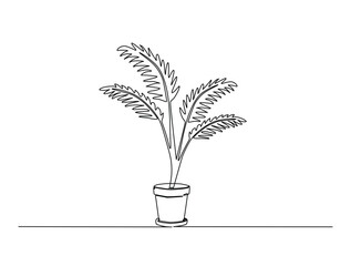 Continuous one line drawing of potted palm plant. Palm houseplant in single line draw vector illustration. Editable vector.