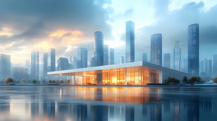 Fototapeta premium Modern Building with Glass Facade and City Skyline - 3D Illustration