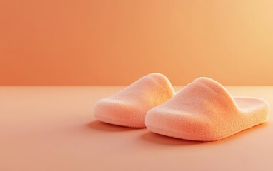 A pair of soft, fluffy slippers on a smooth, warm-toned surface, suggesting comfort and relaxation.