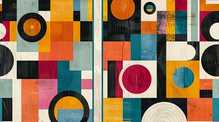 A modern Swiss geometry print with a mix of geometric shapes, including rectangles, squares, and circles