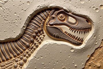 Dinosaur fossil head relief of Spinosaurus on textured background for paleontology concept