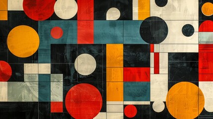 A modern Swiss geometry print with a mix of geometric shapes, including rectangles, squares, and circles