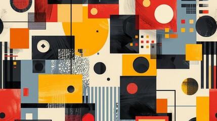 A modern Swiss geometry print with a mix of geometric shapes, including rectangles, squares, and circles