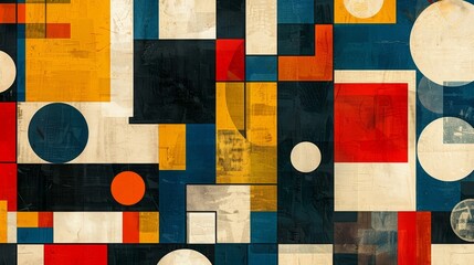 A modern Swiss geometry print with a mix of geometric shapes, including rectangles, squares, and circles
