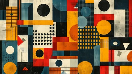 A modern Swiss geometry print with a mix of geometric shapes, including rectangles, squares, and circles