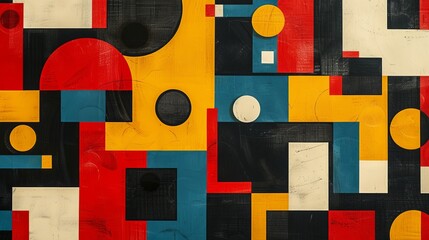 A modern Swiss geometry print with a mix of geometric shapes, including rectangles, squares, and circles