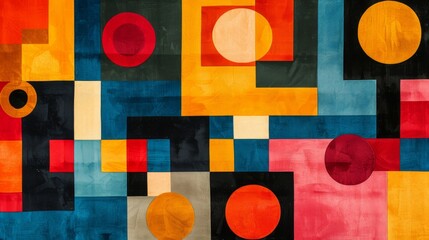A modern Swiss geometry print with a mix of geometric shapes, including rectangles, squares, and circles