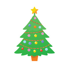 Decorated Christmas tree with star topper, Illustration of a decorated Christmas tree with colorful ornaments and a star on top, symbolizing holiday spirit and festive decor.