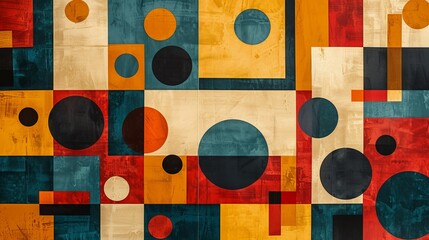 A modern Swiss geometry print with a mix of geometric shapes, including rectangles, squares, and circles