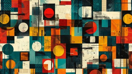 A modern Swiss geometry print with a mix of geometric shapes, including rectangles, squares, and circles
