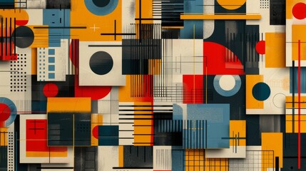 A modern Swiss geometry print with a mix of geometric shapes, including rectangles, squares, and circles
