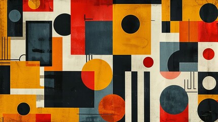A modern Swiss geometry print with a mix of geometric shapes, including rectangles, squares, and circles
