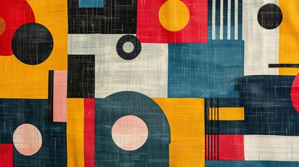 A modern Swiss geometry print with a mix of geometric shapes, including rectangles, squares, and circles