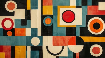 A modern Swiss geometry print with a mix of geometric shapes, including rectangles, squares, and circles