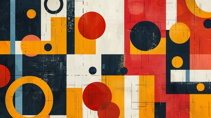A modern Swiss geometry print with a mix of geometric shapes, including rectangles, squares, and circles