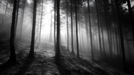 Obraz premium A misty forest with tall trees and sunlight filtering through the fog.