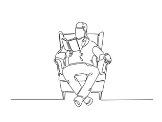 Continuous one line drawing of man reading book in cozy armchair. Editable vector.