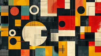 A modern Swiss geometry print with a mix of geometric shapes, including rectangles, squares, and circles