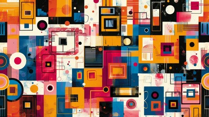 A modern Swiss geometry print with a mix of geometric shapes, including rectangles, squares, and circles