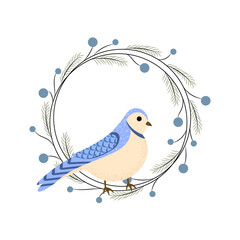 Winter bird in a Christmas wreath with branches and berries. Blue Jay. Vector illustration