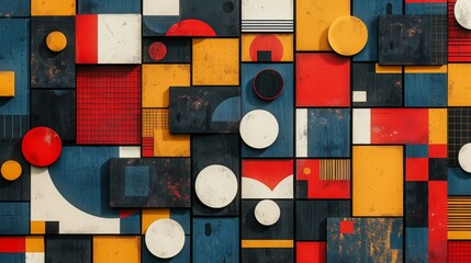 A modern Swiss geometry print with a mix of geometric shapes, including rectangles, squares, and circles