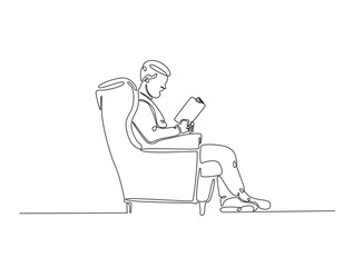 Continuous one line drawing of man reading book in cozy armchair. Editable vector.