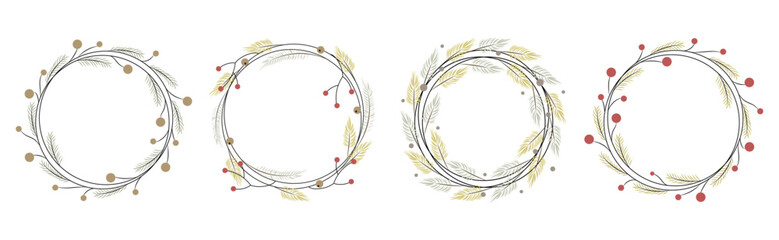 Set of Christmas wreaths with branches and berries. Place for text. Vector illustration