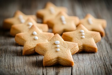 Star Shaped Cookies with White Icing on Wooden Background