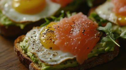 Avocado toast topped with a perfectly poached egg and smoked salmon, creating a healthy, protein rich meal that s perfect for breakfast or brunch.