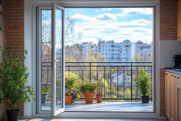 The glass sliding door opens to a bright balcony adorned with blooming flower pots. A beautiful landscape with trees and a blue sky enhances the feeling of spaciousness and tranquility in this welcomi