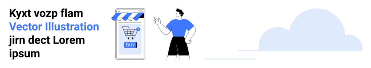 Man gesturing beside mobile phone representing online shop with blue shopping cart icon and buy button. Ideal for e-commerce, digital marketing, online stores, mobile apps, web design, user