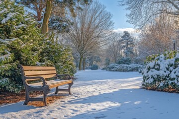 Snowy Park Bench with Trees and Footprints