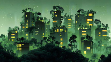 Green Cityscape Illustration - Nighttime Forest Buildings