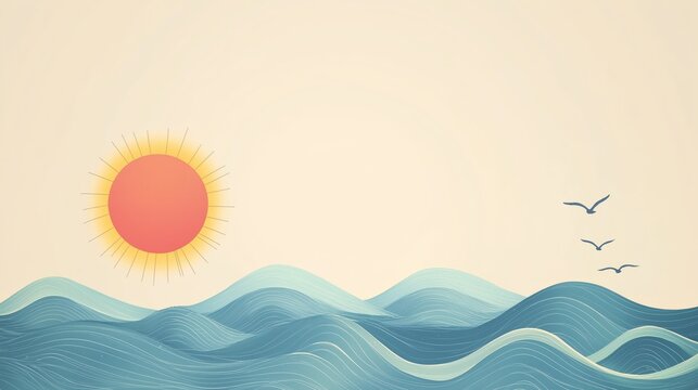 Minimalist Illustration of Sun and Waves in Pastel Tones