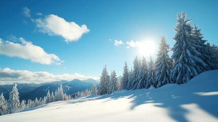 Serene winter landscape with snow-covered trees and mountains