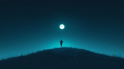 Fototapeta premium Runner Silhouetted Against Moonlit Hilltop