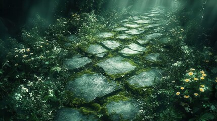 Obraz premium mysterious pathway winding through an enchanted forest the cracked asphalt covered in emerald moss and wildflowers inviting viewers to explore the shadows and secrets of natures embrace