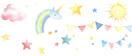 Watercolor Illustration of a Unicorn, Rainbow, Stars, and Bunting Flags, and Buntin