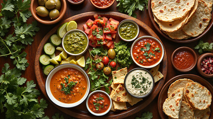 Fototapeta premium Meze platter with colorful dips and Mediterranean appetizers